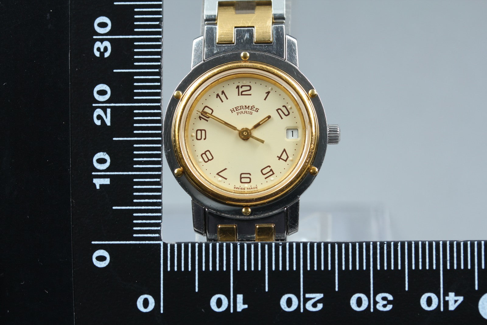 Vintage Hermes Clipper 24mm Ivory Dial Gold Woman's Watch Quartz [w /Box]