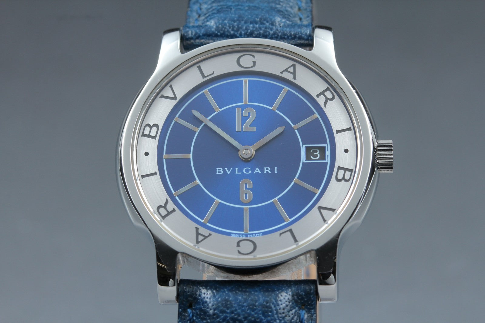 New Batt BVLGARI SOLOTEMPO ST35S Quartz Blue Men's Watch 35mm JAPAN Exc+5*Box
