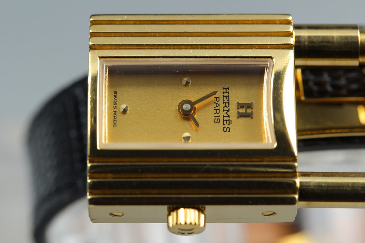 HERMES Kelly Watch Gold Black Leather "=" Woman's Quartz Watch Vintage