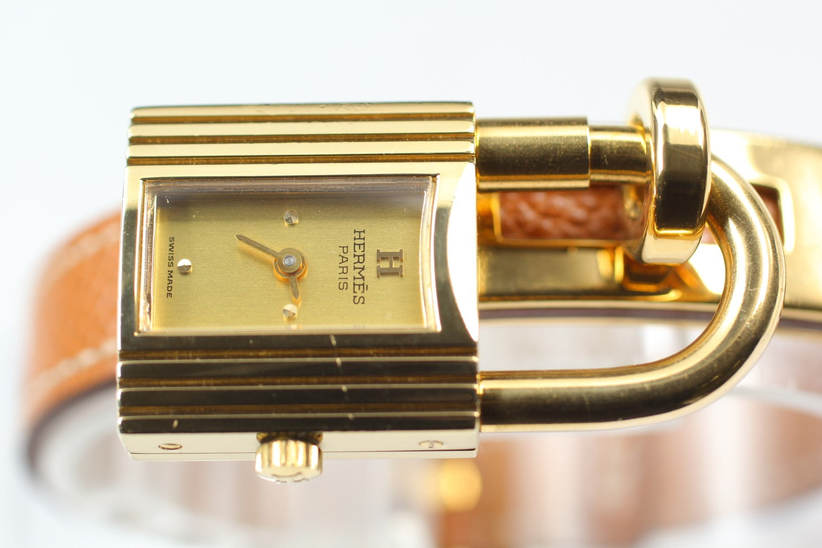 Vintage HERMES Kelly Watch Gold Brown Leather "U" Woman's Quartz Watch [Box]