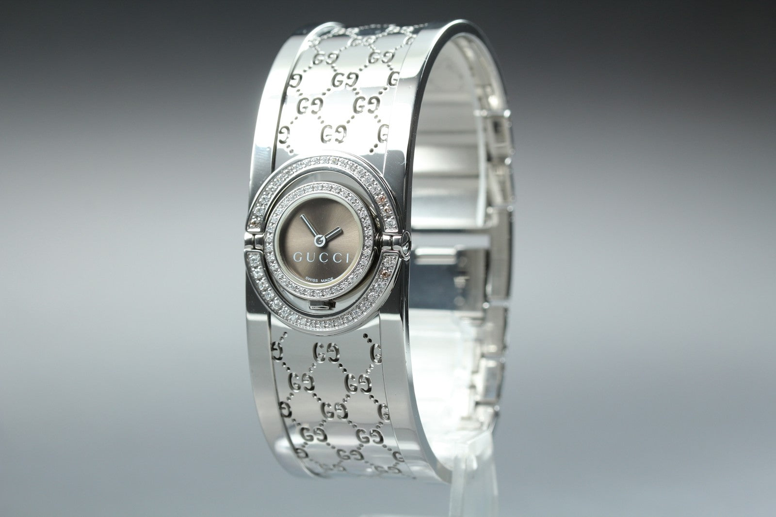 GUCCI 112 Twirl Double Diamond Brown Dial YA112504 23mm Woman's Qz Watch [Box]