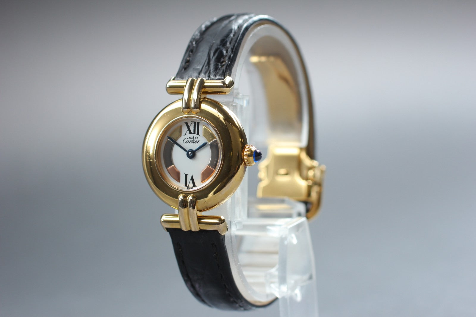 Vintage[Exc+5] Cartier Must Colisee Vermeil 1902 Gold Black Women's Quartz Watch