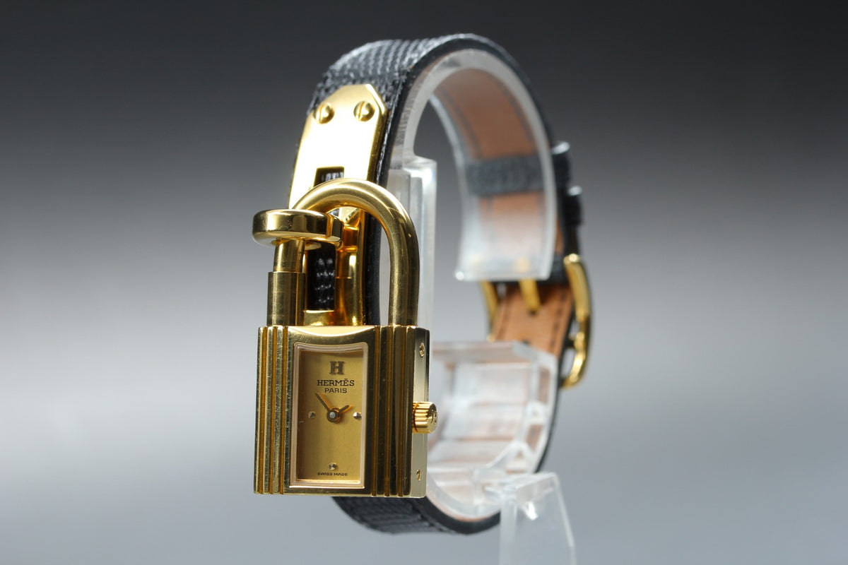 HERMES Kelly Watch Gold Black Leather "=" Woman's Quartz Watch Vintage