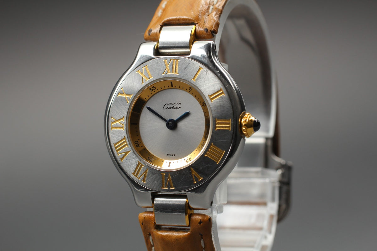 Vintage Cartier Must De 21 1340 Silver Quartz Women's Watch 27mm JAPAN Box