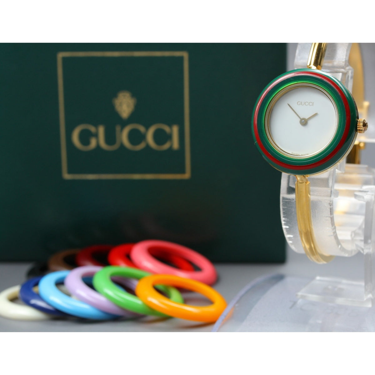 GUCCI Change Bezel Bangle 11/12.2 12Color Quartz Women's Watch 25mm JAPAN Box