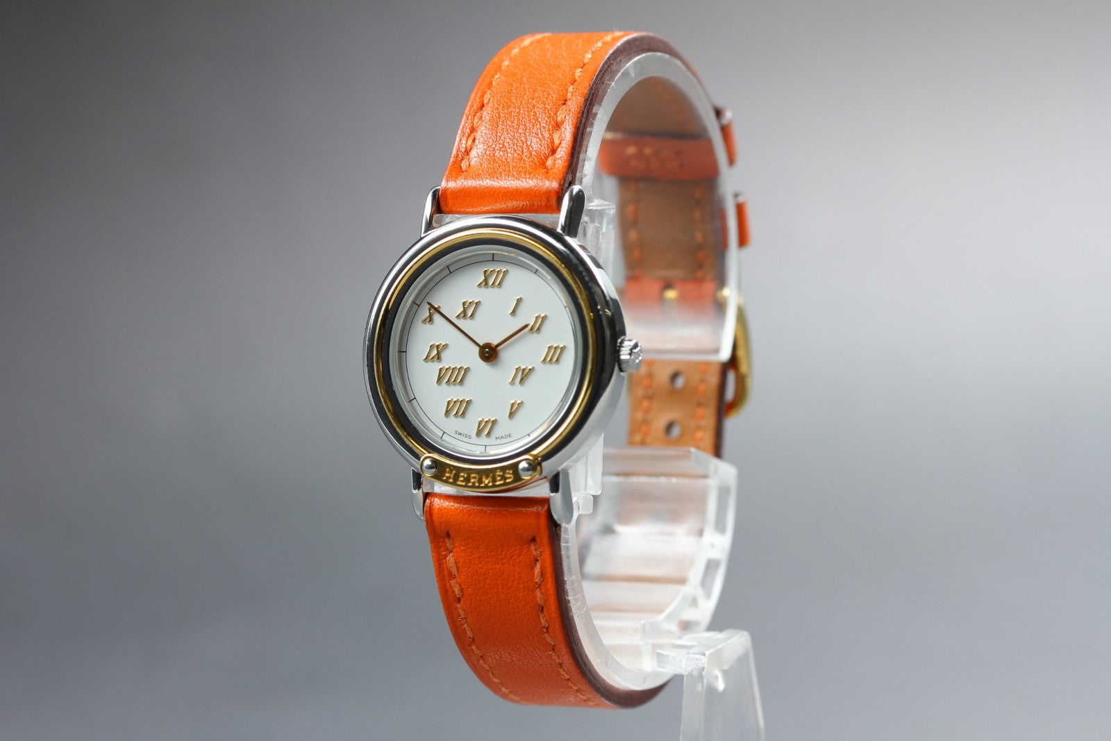 Vintage HERMES Meteor White Dial Orange "E" 24mm Woman's Watch Quartz [w /Box]