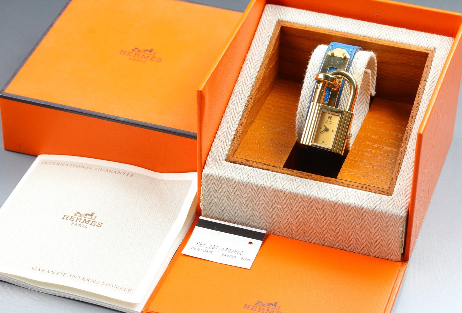 Vintage HERMES Kelly Watch Gold Blue Leather "A" Woman's Quartz Watch [Box]