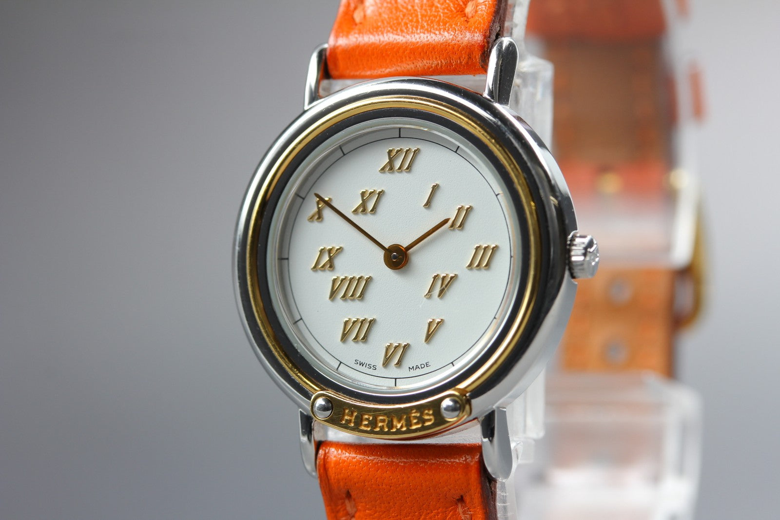 Vintage HERMES Meteor White Dial Orange "E" 24mm Woman's Watch Quartz [w /Box]