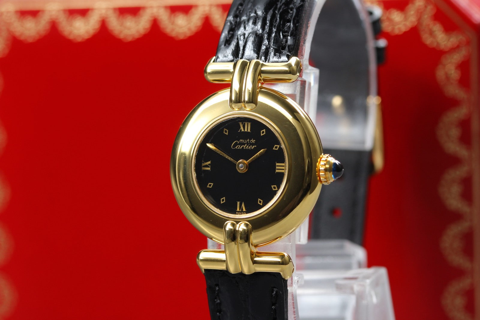 Vintage Cartier Must Colisee Vermeil 590002 Black Women's Quartz Watch [w/Box]