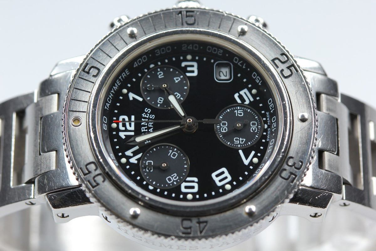 HERMES Clipper Diver Chronograph CL2.310 Quartz Black Women's Watch 33mm JAPAN