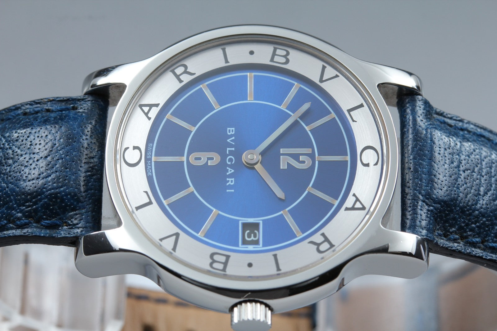 New Batt BVLGARI SOLOTEMPO ST35S Quartz Blue Men's Watch 35mm JAPAN Exc+5*Box