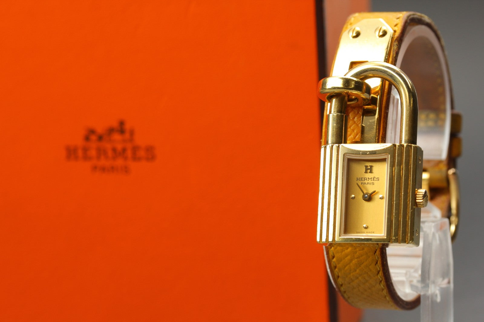 Vintage HERMES Kelly Stainless Gold Dial Quartz Women's Watch 20mm JAPAN Box