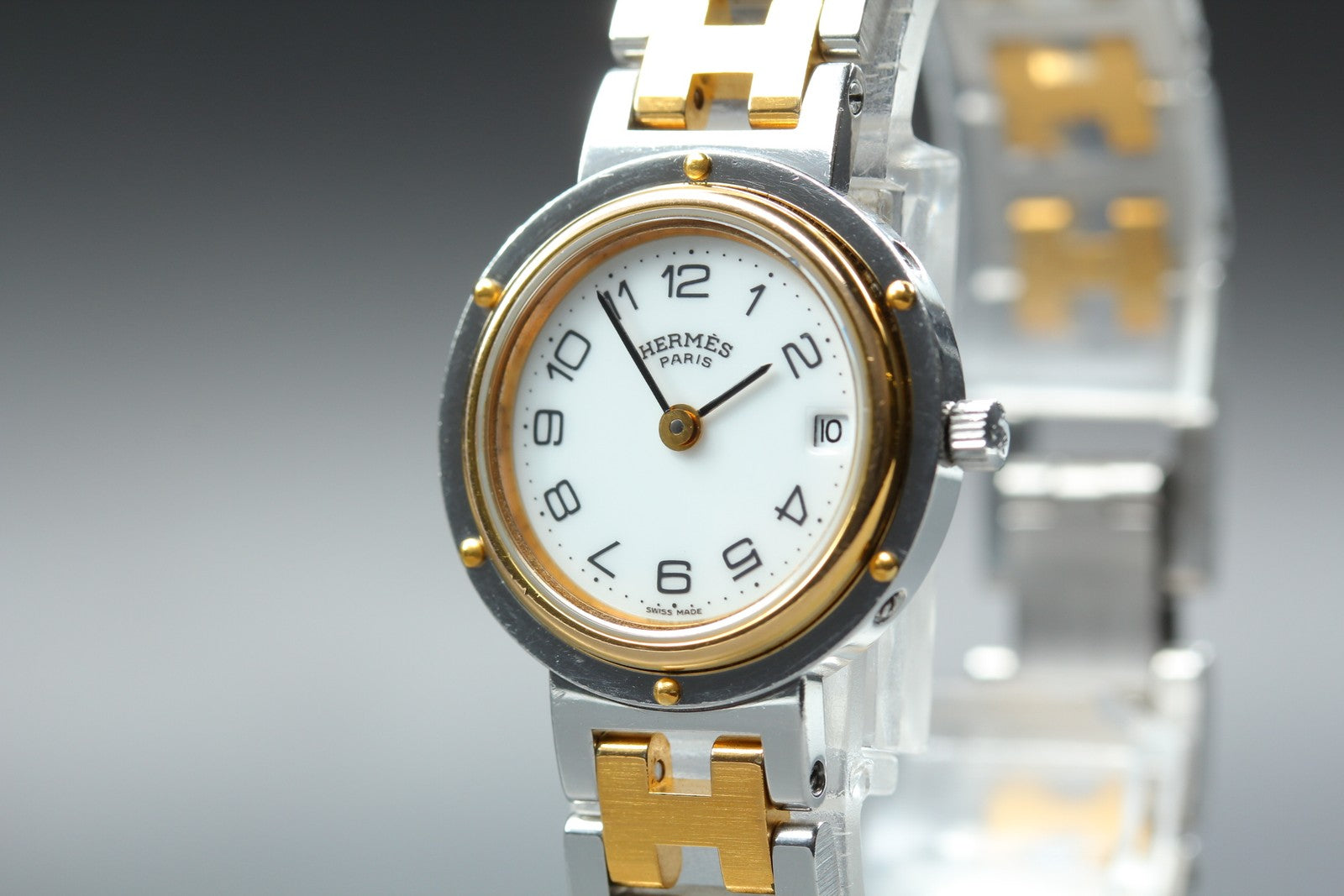 Vintage [Exc+5 Box] Hermes Clipper 24mm White Dial Gold Woman's Watch Quartz