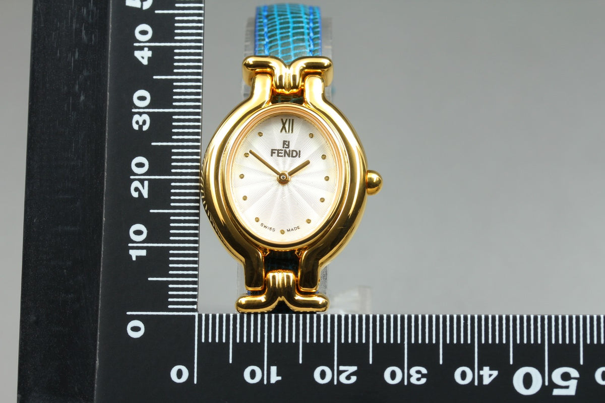 FENDI 640L Chameleon Blue Leather Belt Gold 24mm Women's Quartz Watch Vintage