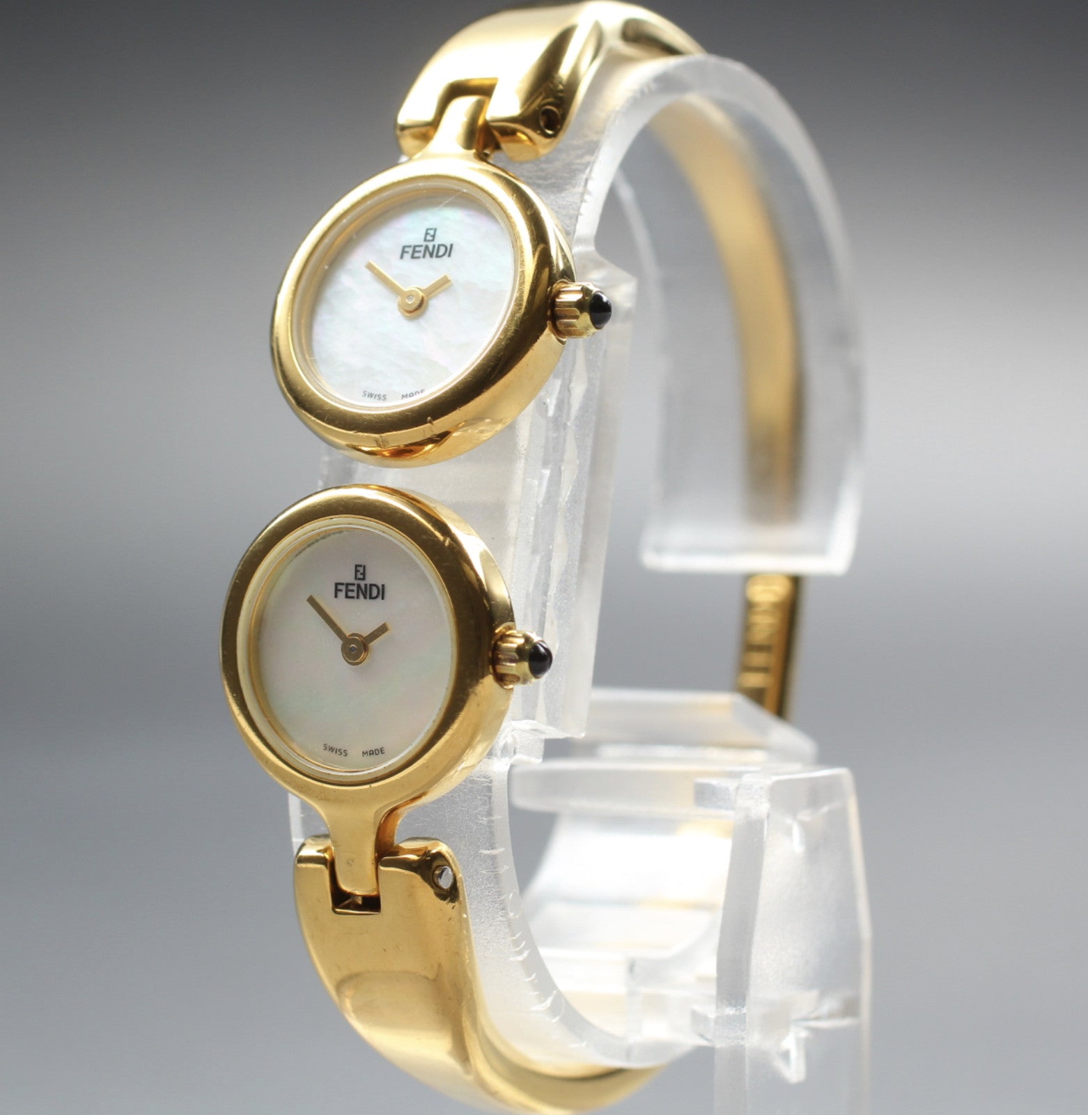 Vintage [Exc+5] FENDI 620L Dual Time Gold White Bangle Women's Quartz Watch