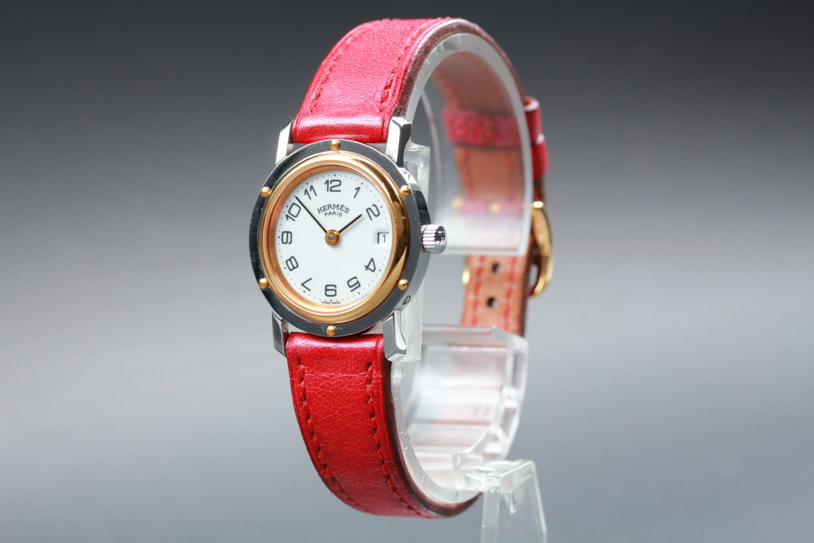 Vintage [Exc+5] HERMES Clipper White Dial Red 24mm Woman's Quartz Watch JAPAN