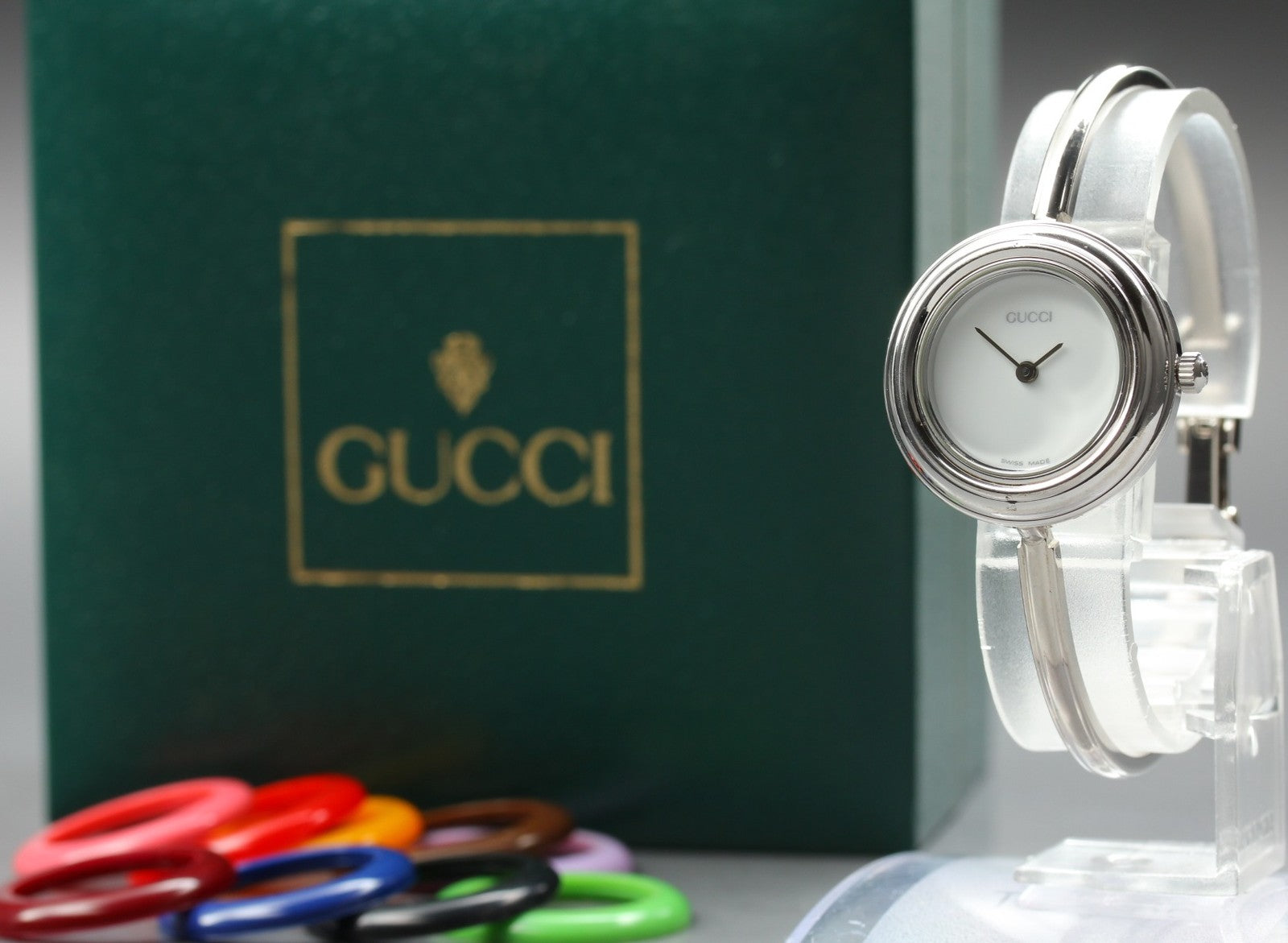 Gucci Change Bezel 11/12.2 10 Colors Silver Bangle Women's Qz Watch Vintage Box