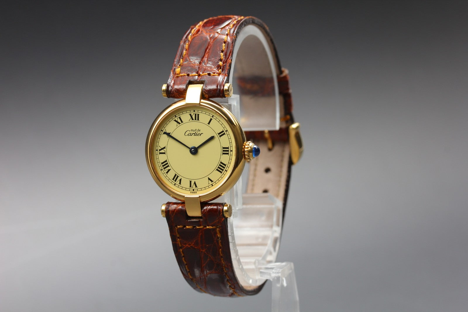Vintage Cartier Must Vendome Vermeil 590004 Gold 23mm Brown Women's Qz Watch
