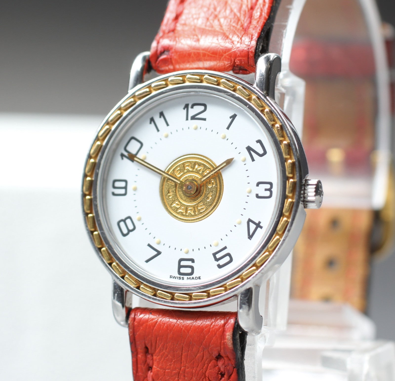 Vintage HERMES Sellier White Dial Red "T" 24mm Woman's Quartz Watch