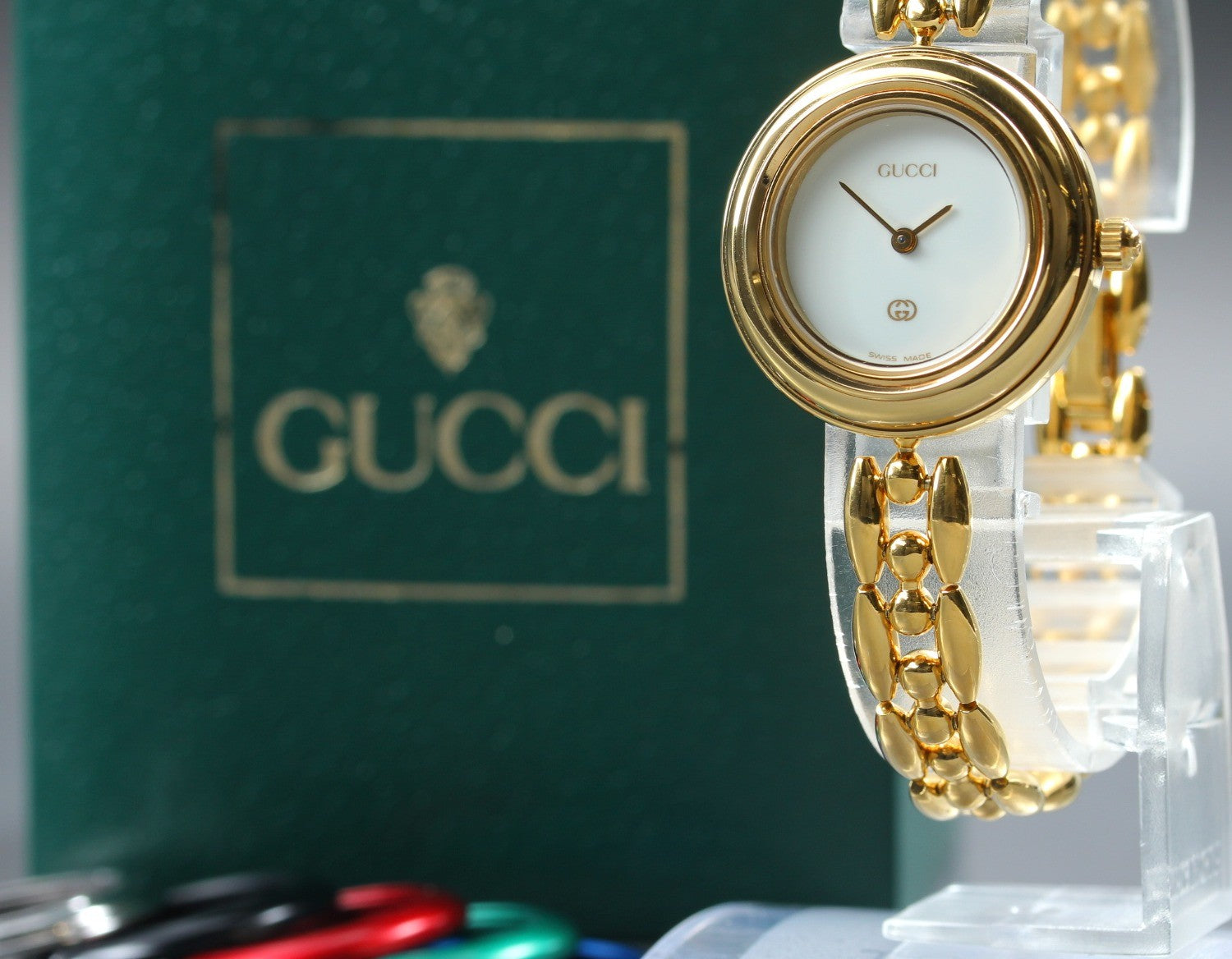 Vintage GUCCI Change Bezel 1100-L 6 Colors Gold Bracelet Qz Woman’s Watch [Box]