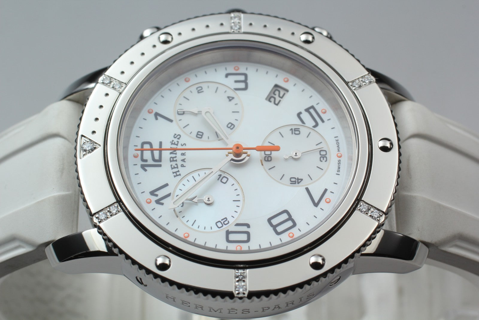 New Batt HERMES Clipper CP2.430 Quartz White Chronograph Men’s Watch 36mm JP Box
