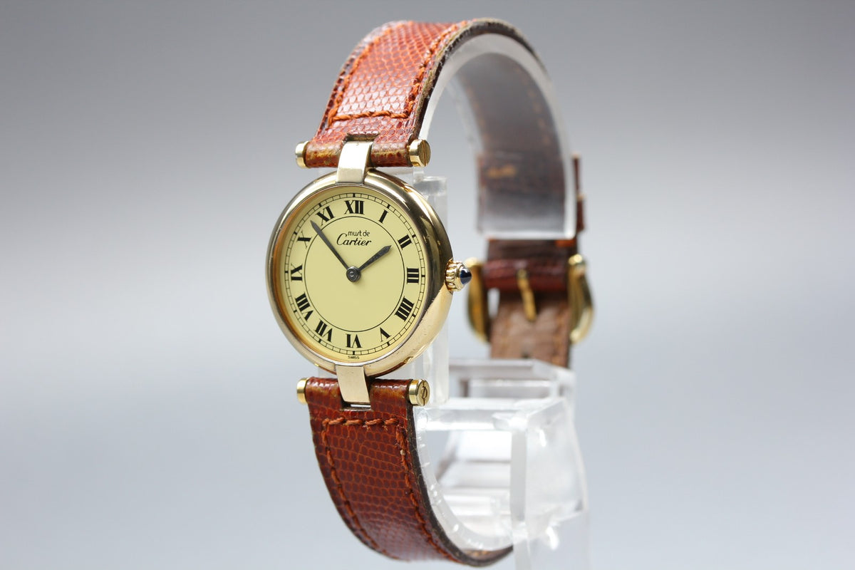 Cartier Must Vendome Vermeil Gold Brown 24mm Women's Quartz Watch Vintage [Box]