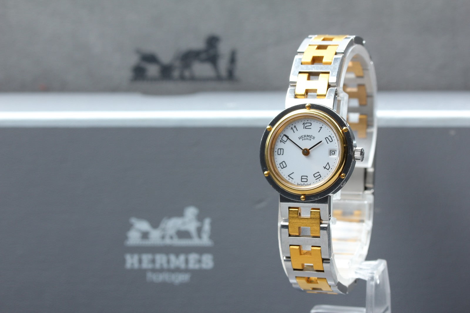 Vintage [Exc+5 Box] Hermes Clipper 24mm White Dial Gold Woman's Watch Quartz