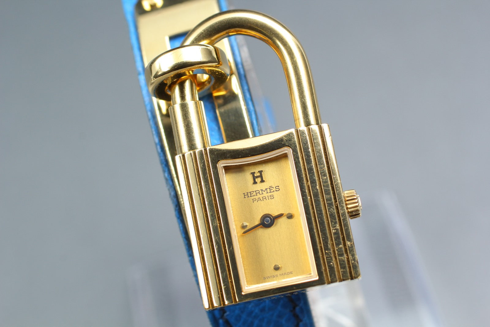 Vintage HERMES Kelly Watch Gold Dial Blue Leather "Y" Womans Watch Quartz [Box]