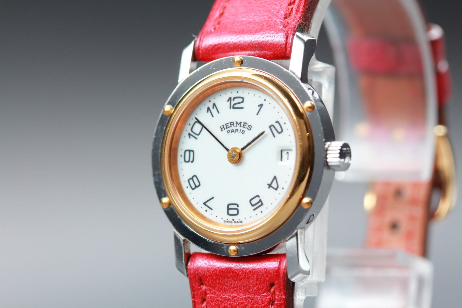 Vintage [Exc+5] HERMES Sellier White Dial Red 24mm Woman's Quartz Watch JAPAN