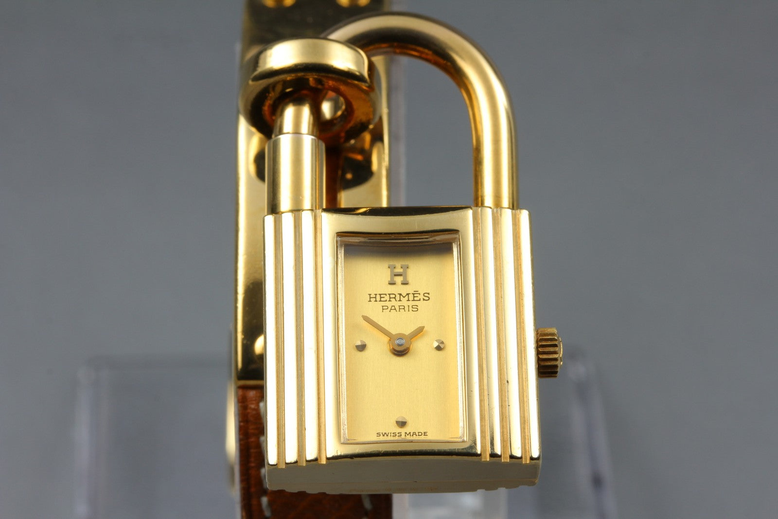 Vintage [Box] HERMES Kelly Watch Gold Brown Leather "U" Woman's Quartz Watch