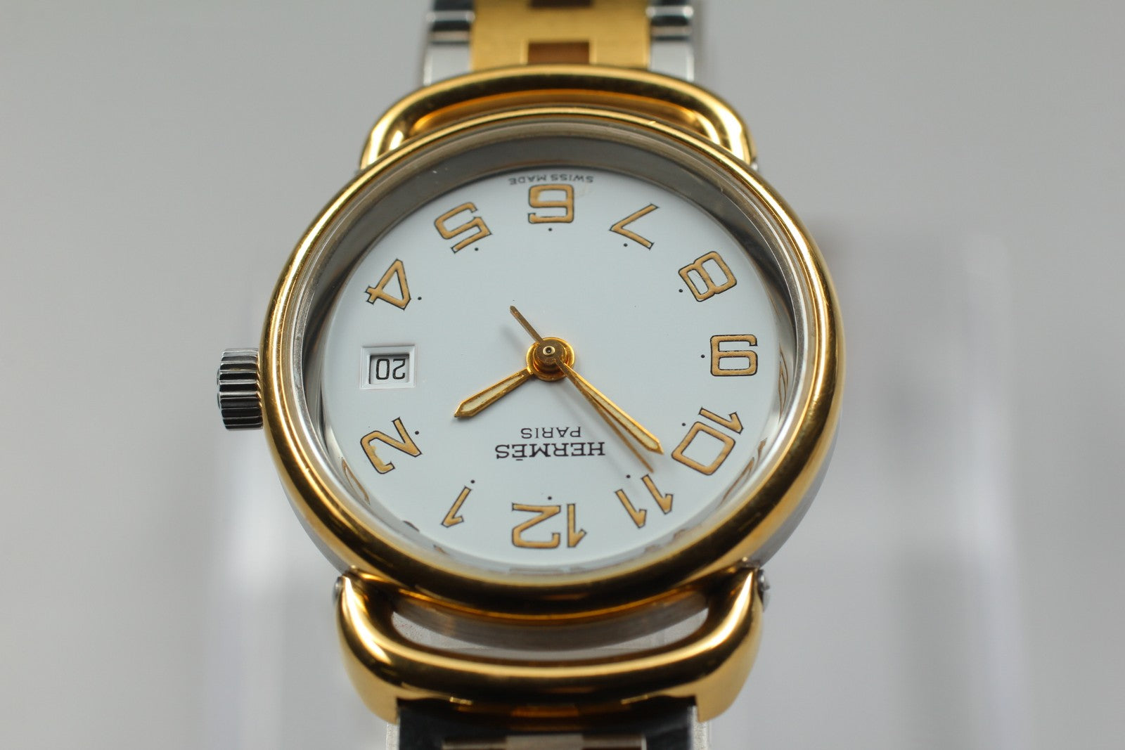 Vintage [Exc+5] Hermes Pullman Gold White Dial 24mm Date Woman's Quartz Watch