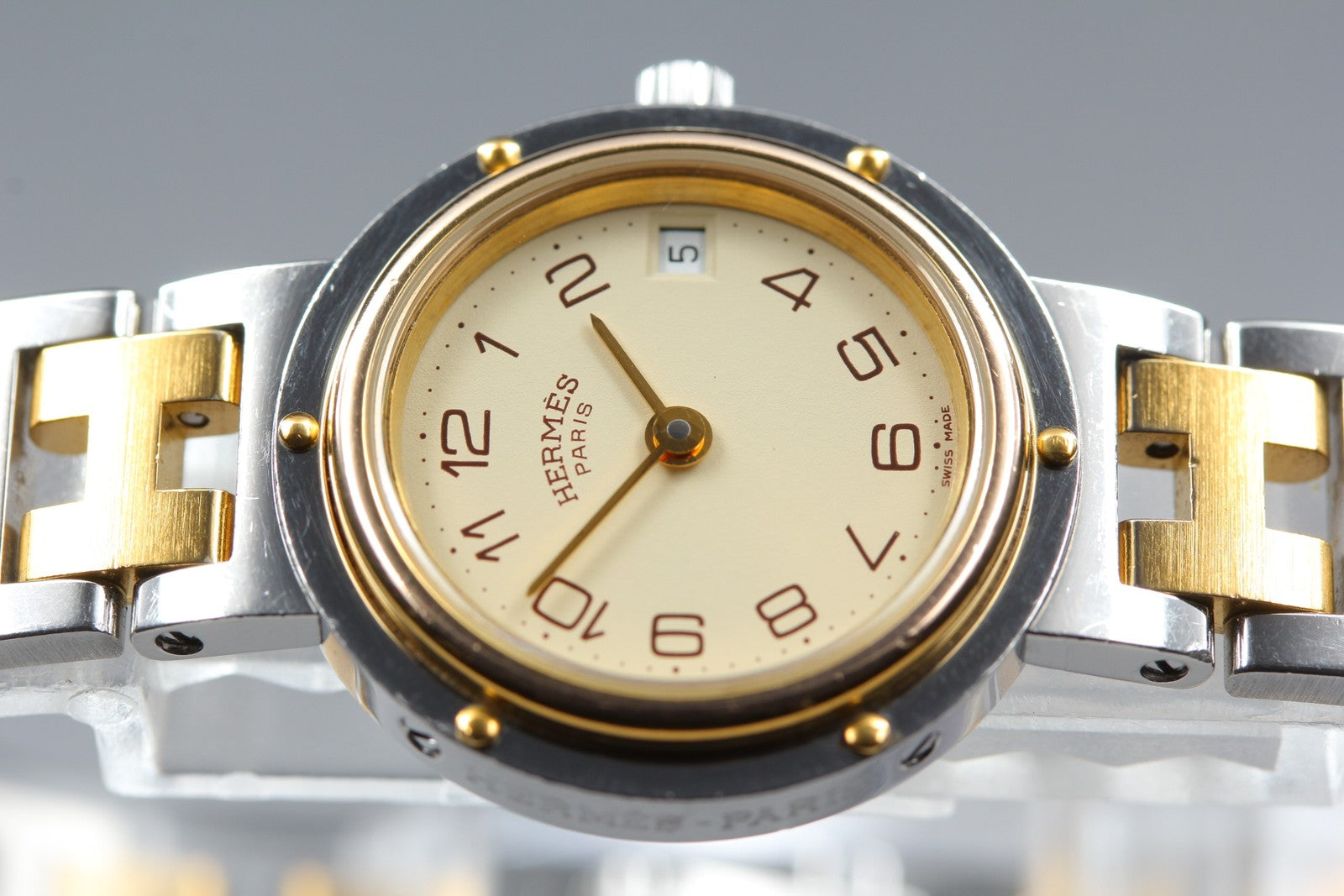 Vintage Hermes Clipper 24mm Ivory Dial Gold Woman's Watch Quartz [w /Box]