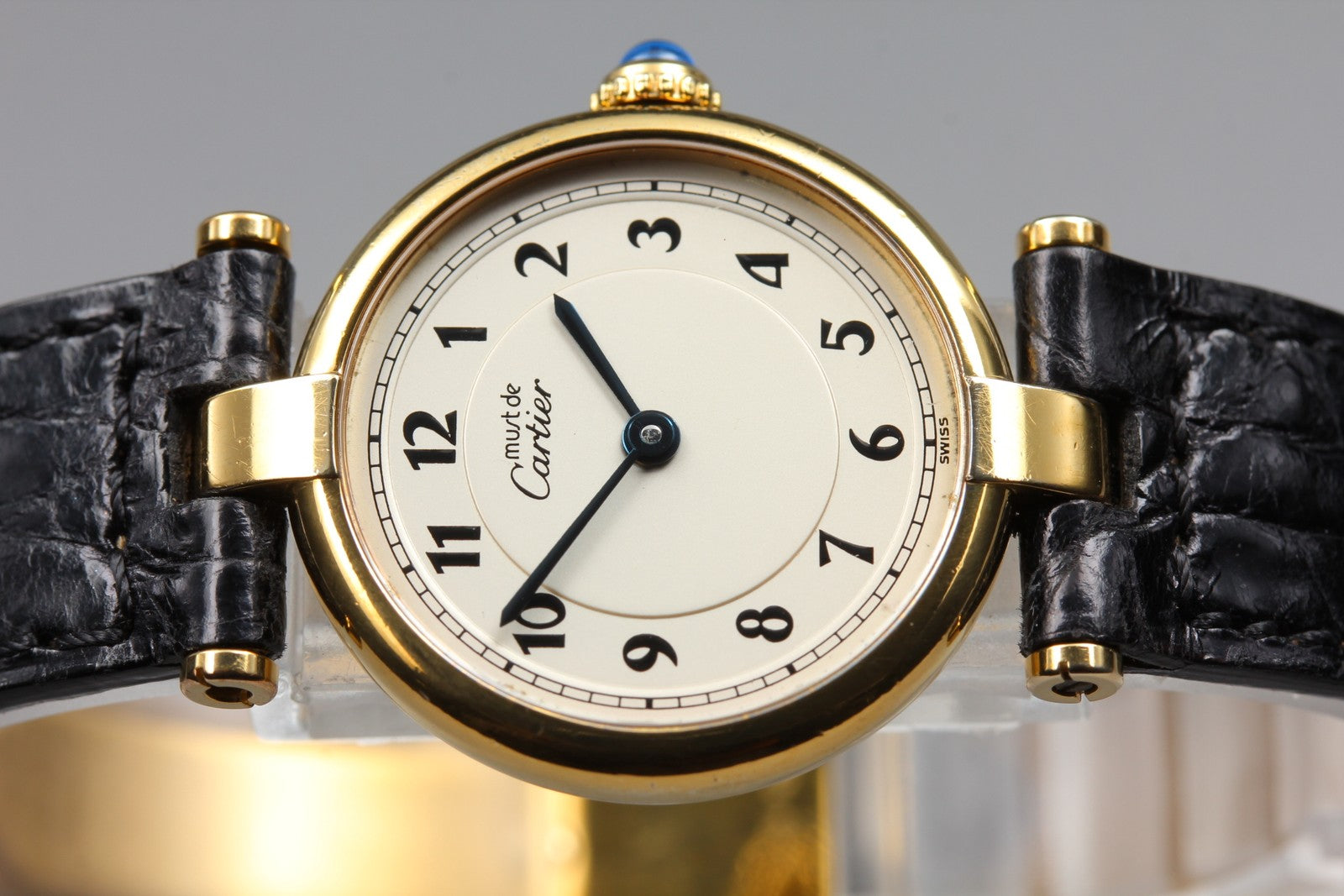Vintage Cartier Must Vendome Vermeil 590004 Gold Black 24mm Women's Qz Watch