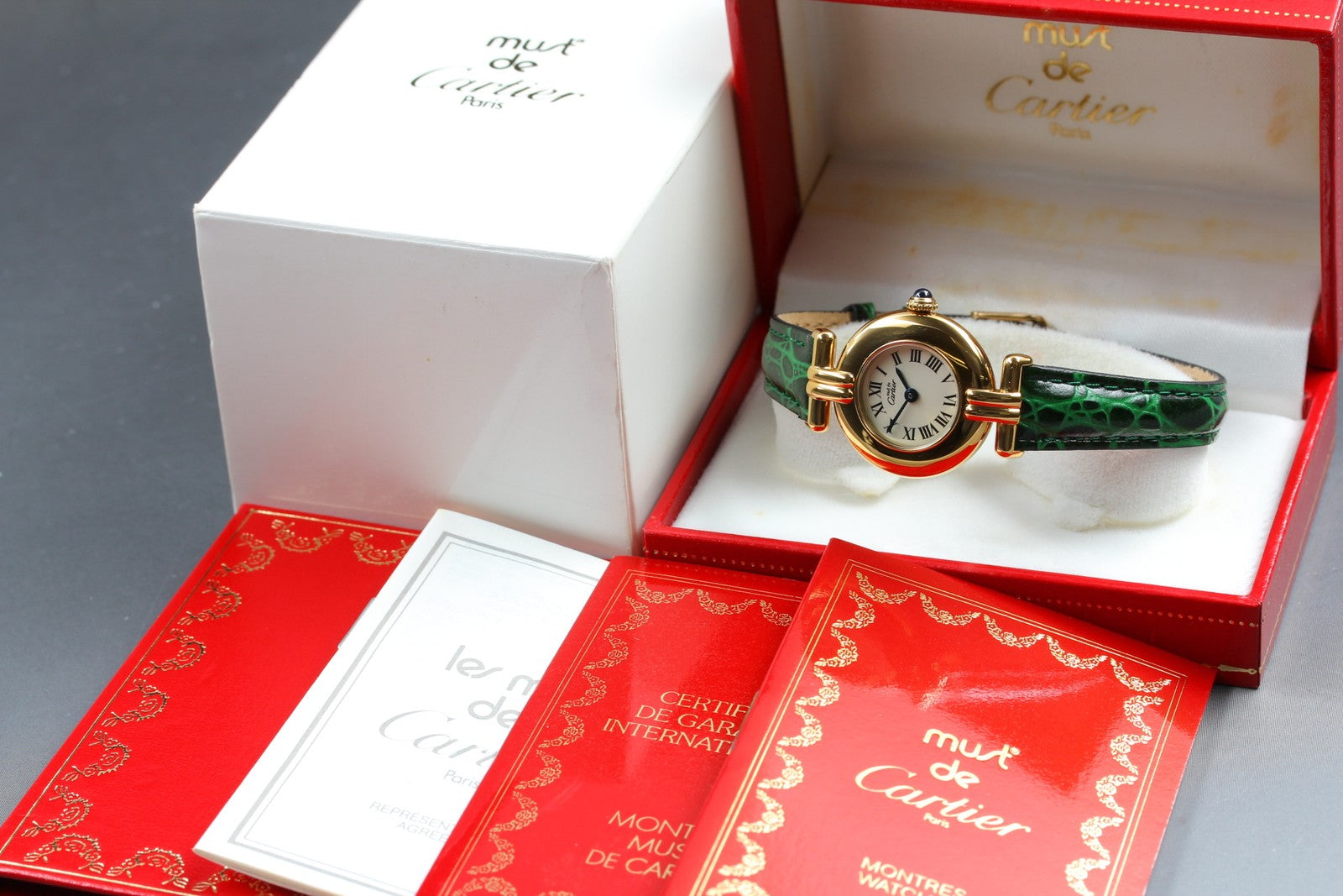 Vintage [w/Box] Cartier Must Colisee Vermeil 590002 Green Women's Quartz Watch