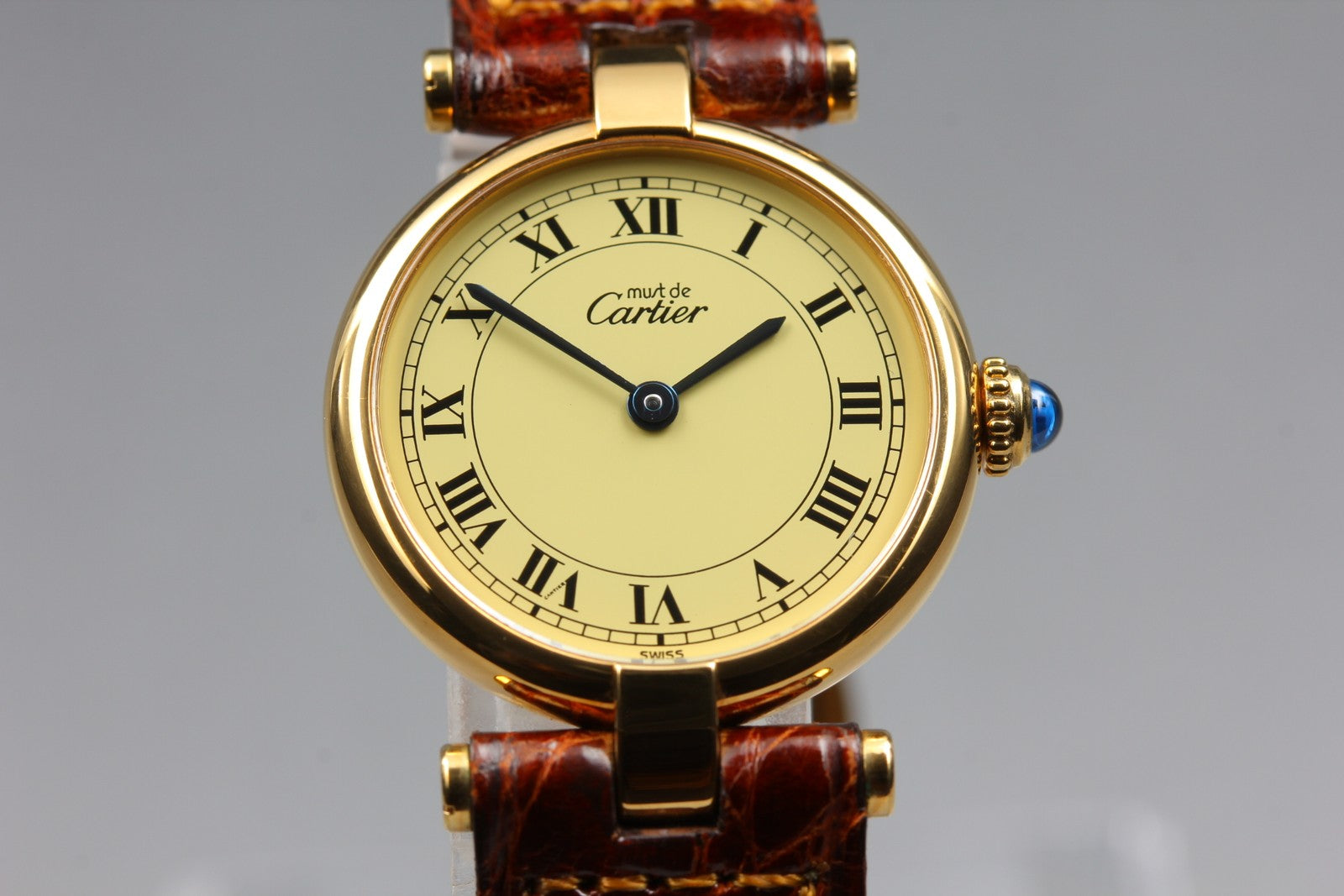 Vintage Cartier Must Vendome Vermeil 590004 Gold 23mm Brown Women's Qz Watch