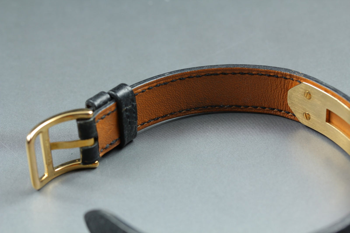 HERMES Kelly Watch Gold Black Leather "A" Woman's Quartz Watch Vintage [Box]