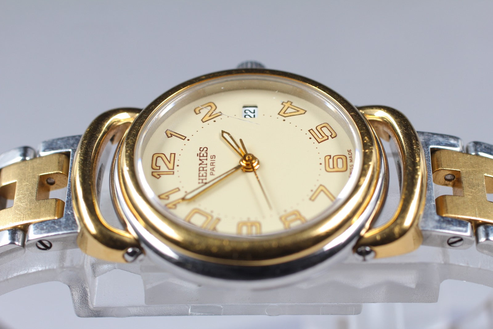 Vintage [Exc+4] Hermes Pullman PU2.240 Ivory Dial 24mm Date Woman's Quartz Watch