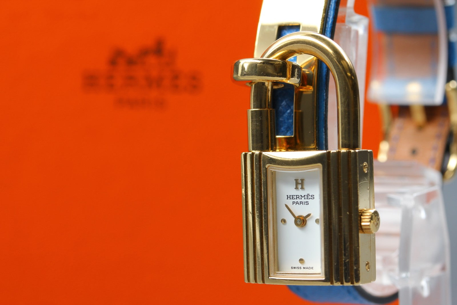 Vintage HERMES Kelly Watch Gold Blue "Z" Woman's Quartz Watch JAPAN [Box]