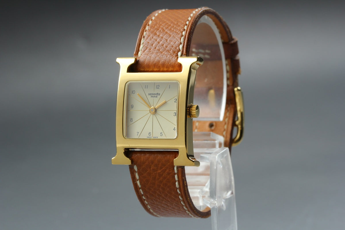 HERMES H Watch Gold Ivory Dial Brown Leather "Y" Woman's Watch Quartz [Box]