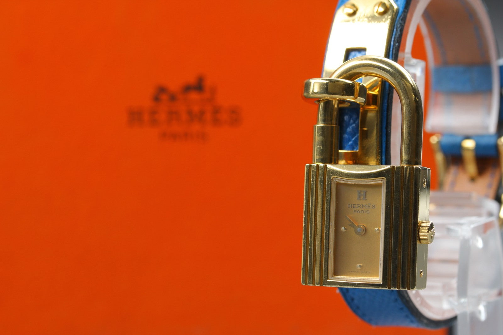 Vintage HERMES Kelly Watch Gold Blue Leather "A" Woman's Quartz Watch [Box]