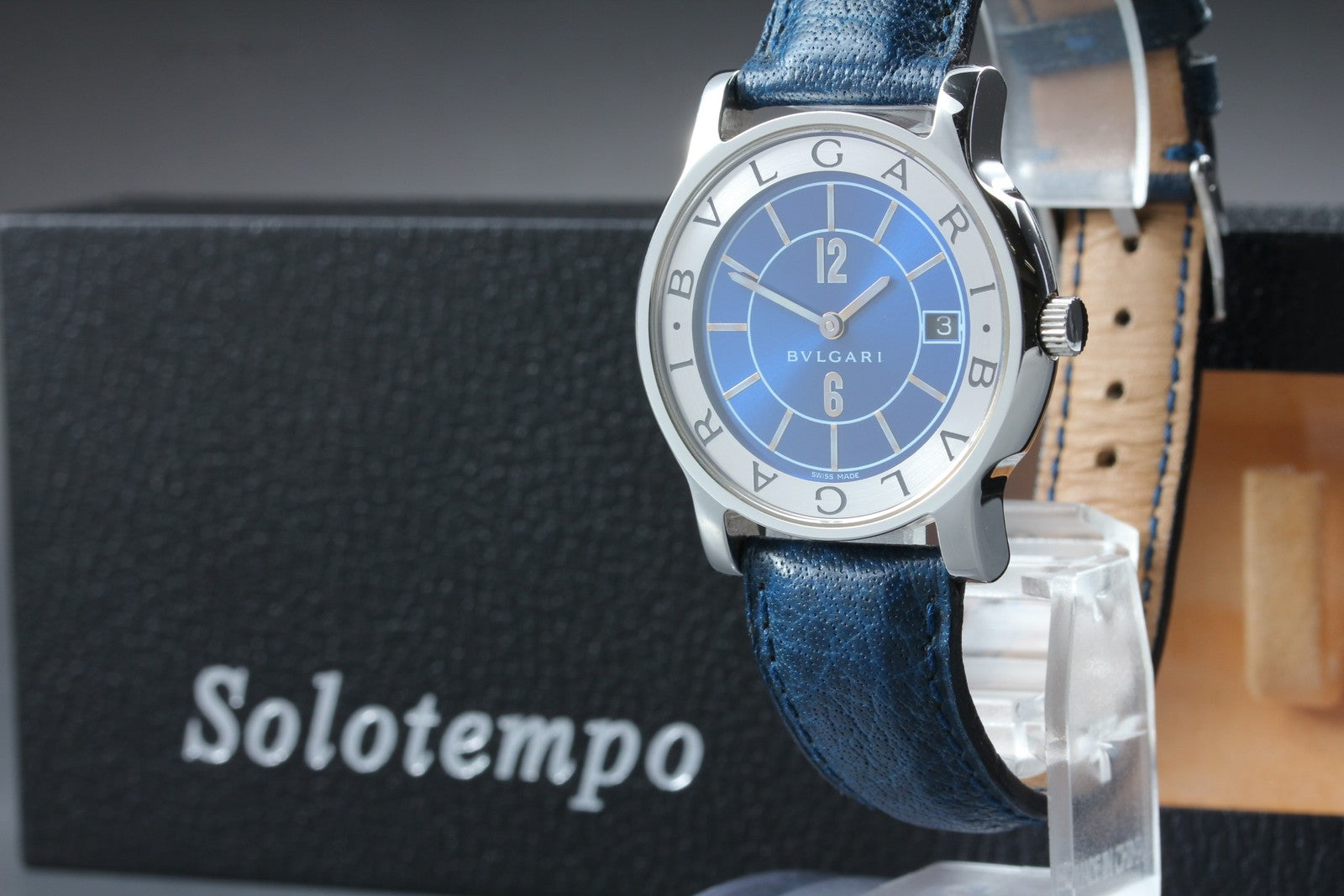 New Batt BVLGARI SOLOTEMPO ST35S Quartz Blue Men's Watch 35mm JAPAN Exc+5*Box