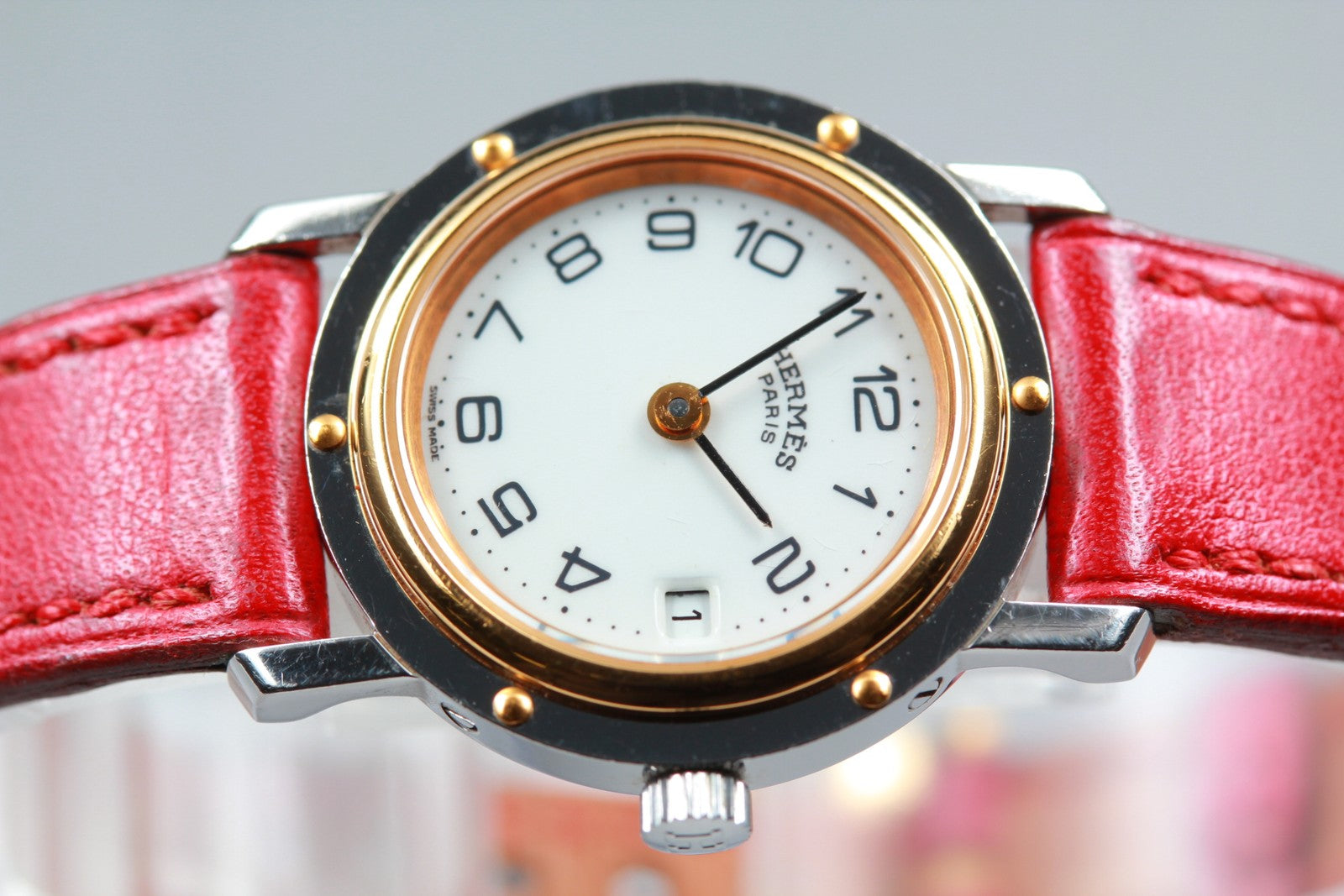 Vintage [Exc+5] HERMES Clipper White Dial Red 24mm Woman's Quartz Watch JAPAN