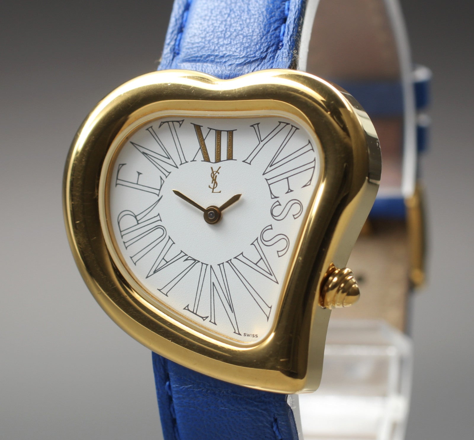 [Exc+5] Yves Saint Laurent Heart Gold Blue 30mm Women's Watch Quartz JAPAN
