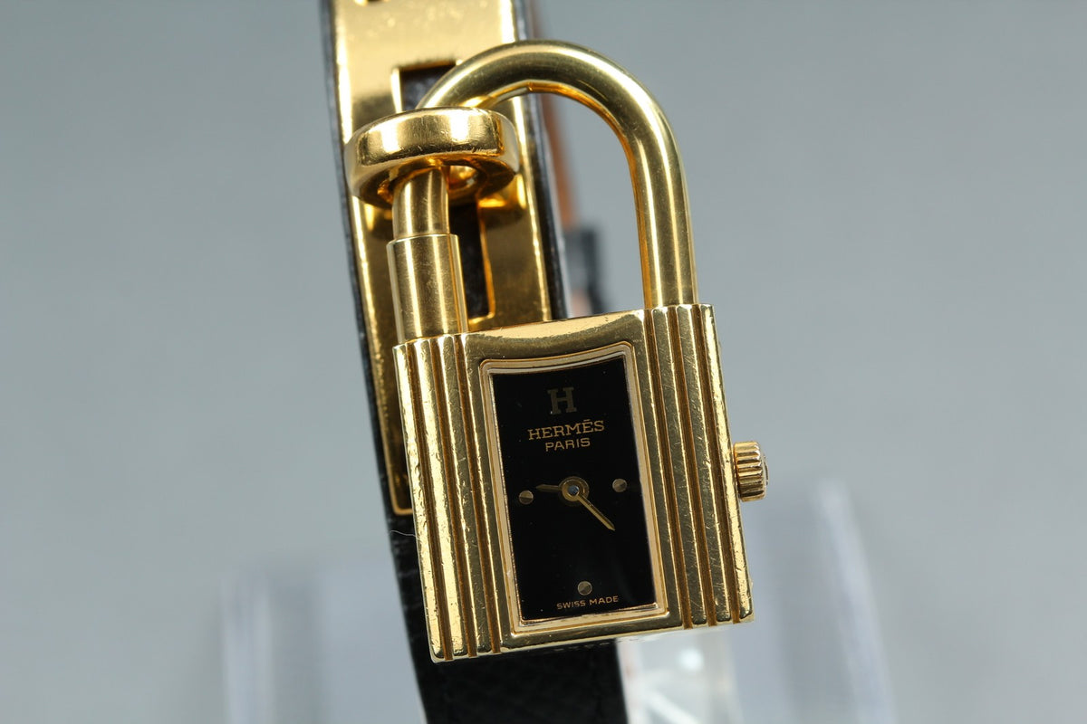 HERMES Kelly Watch Gold Black Leather "A" Woman's Quartz Watch Vintage [Box]
