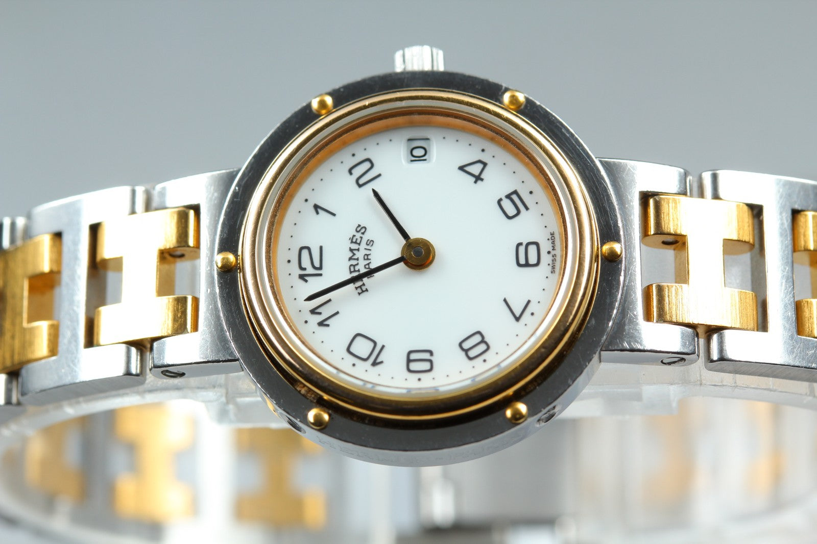 Vintage [Exc+5 Box] Hermes Clipper 24mm White Dial Gold Woman's Watch Quartz