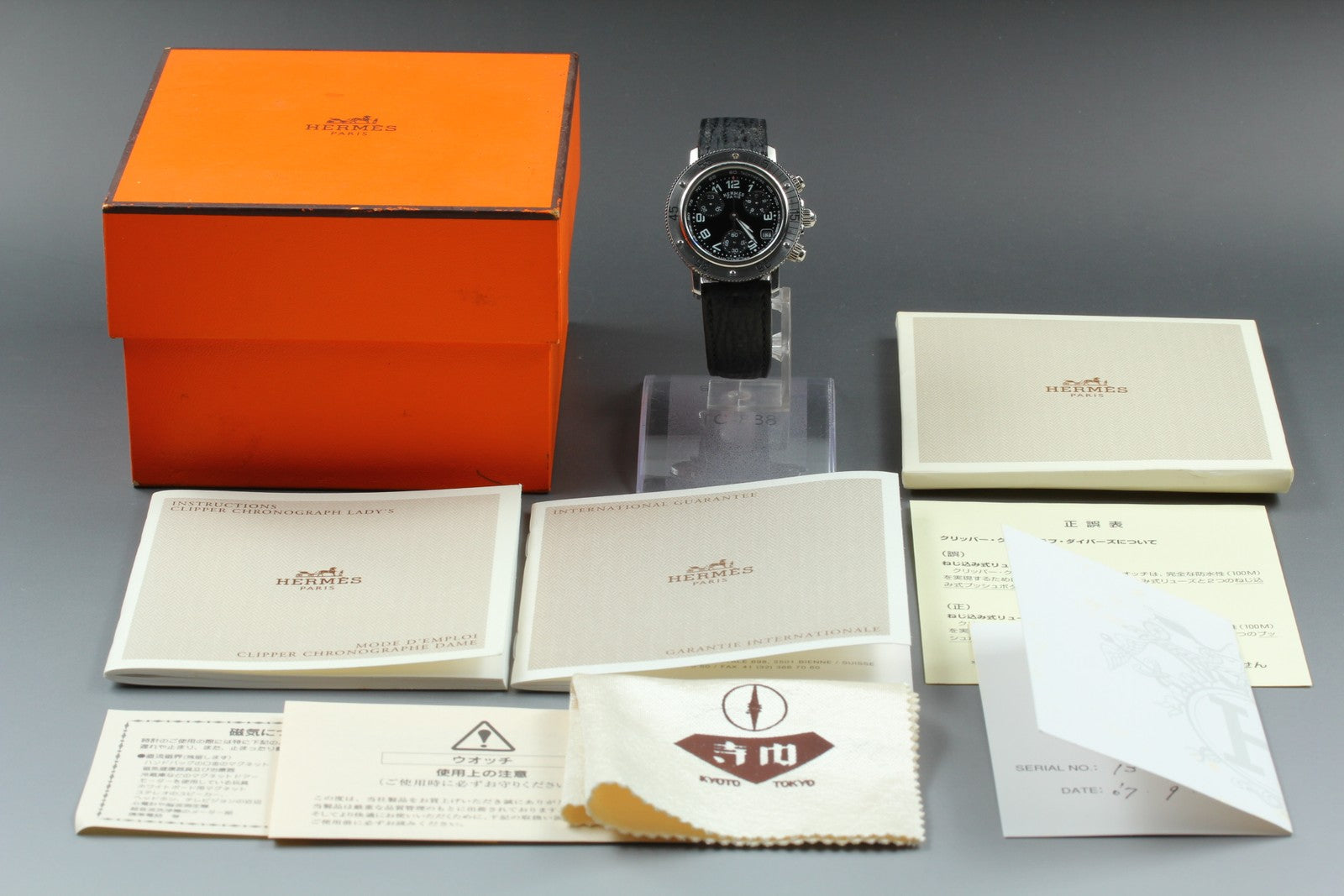 HERMES Clipper CL2.310 Quartz Black Chronograph Women's Watch 33mm Japan Box