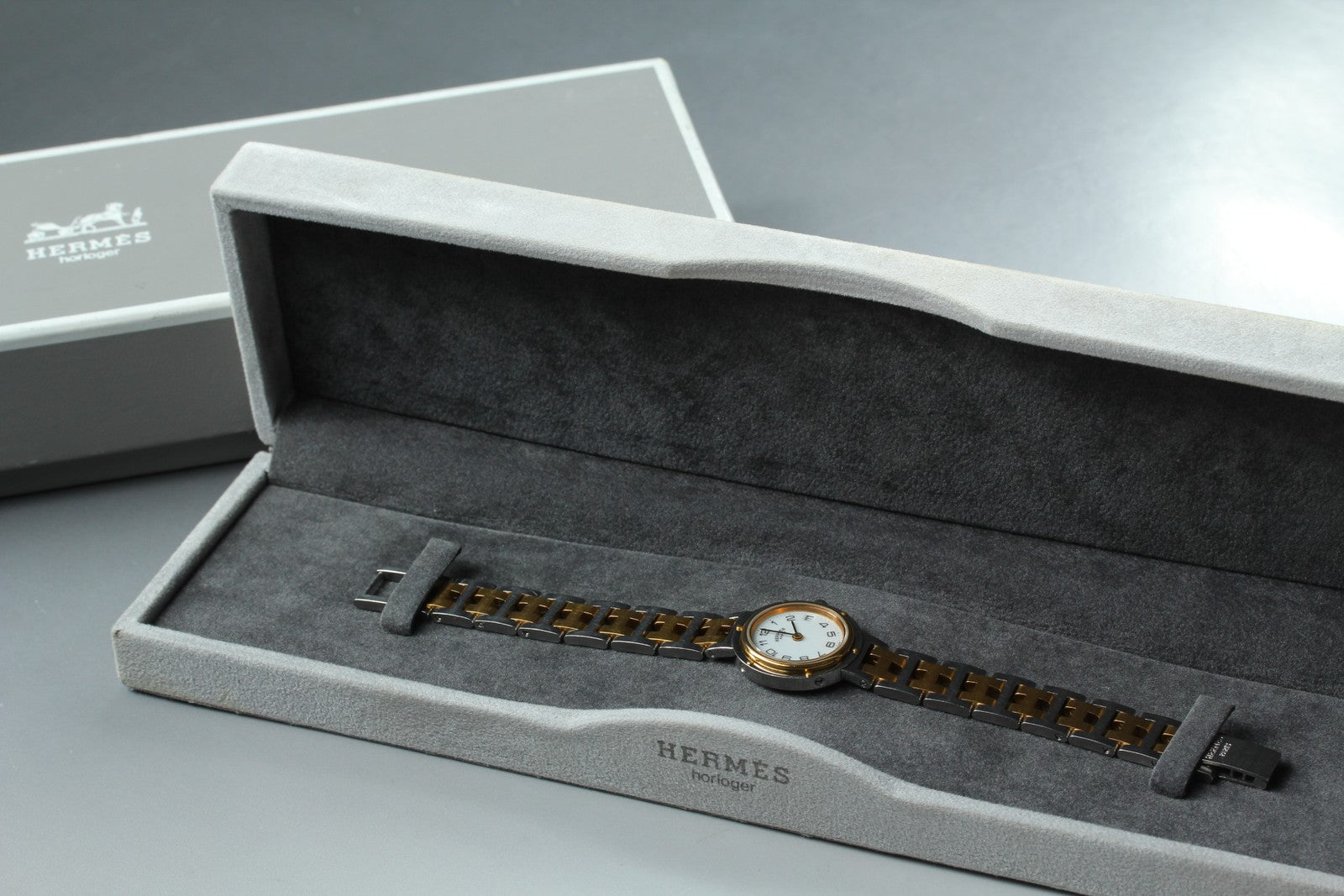 Vintage [Exc+5 Box] Hermes Clipper 24mm White Dial Gold Woman's Watch Quartz