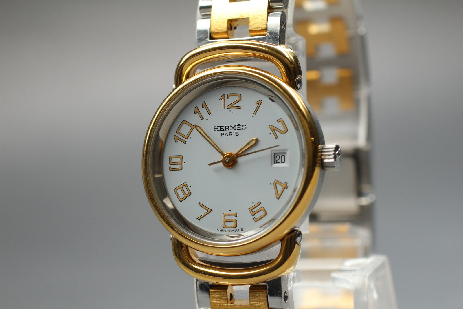 Vintage [Exc+5] Hermes Pullman Gold White Dial 24mm Date Woman's Quartz Watch