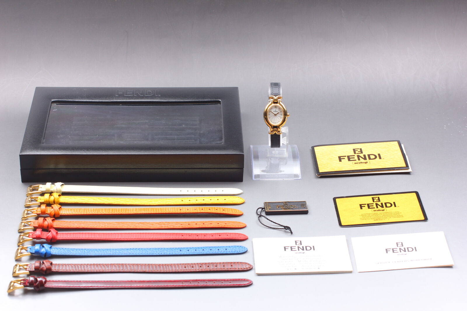 New Battery [N MINT- Box] FENDI 640L 9 Colors Change Belt Gold Women's Qz Watch