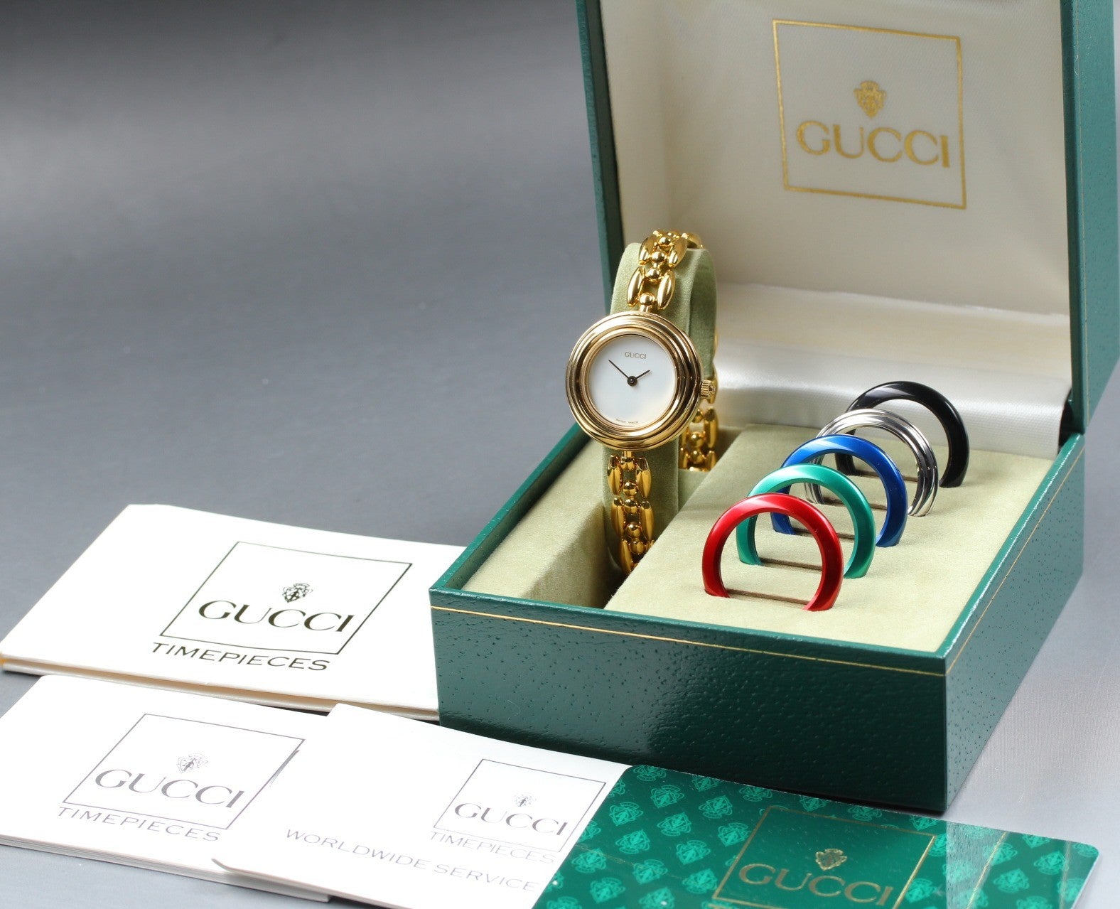 Vintage GUCCI Change Bezel 11/12.2 6 Colors Gold Quartz Woman’s Watch [w/Box]